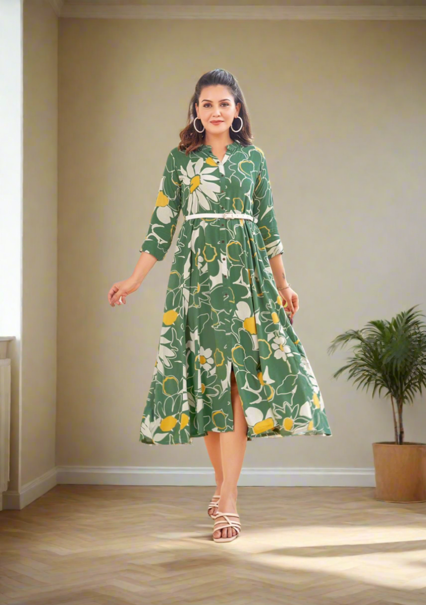 Belt Green A-line Dress