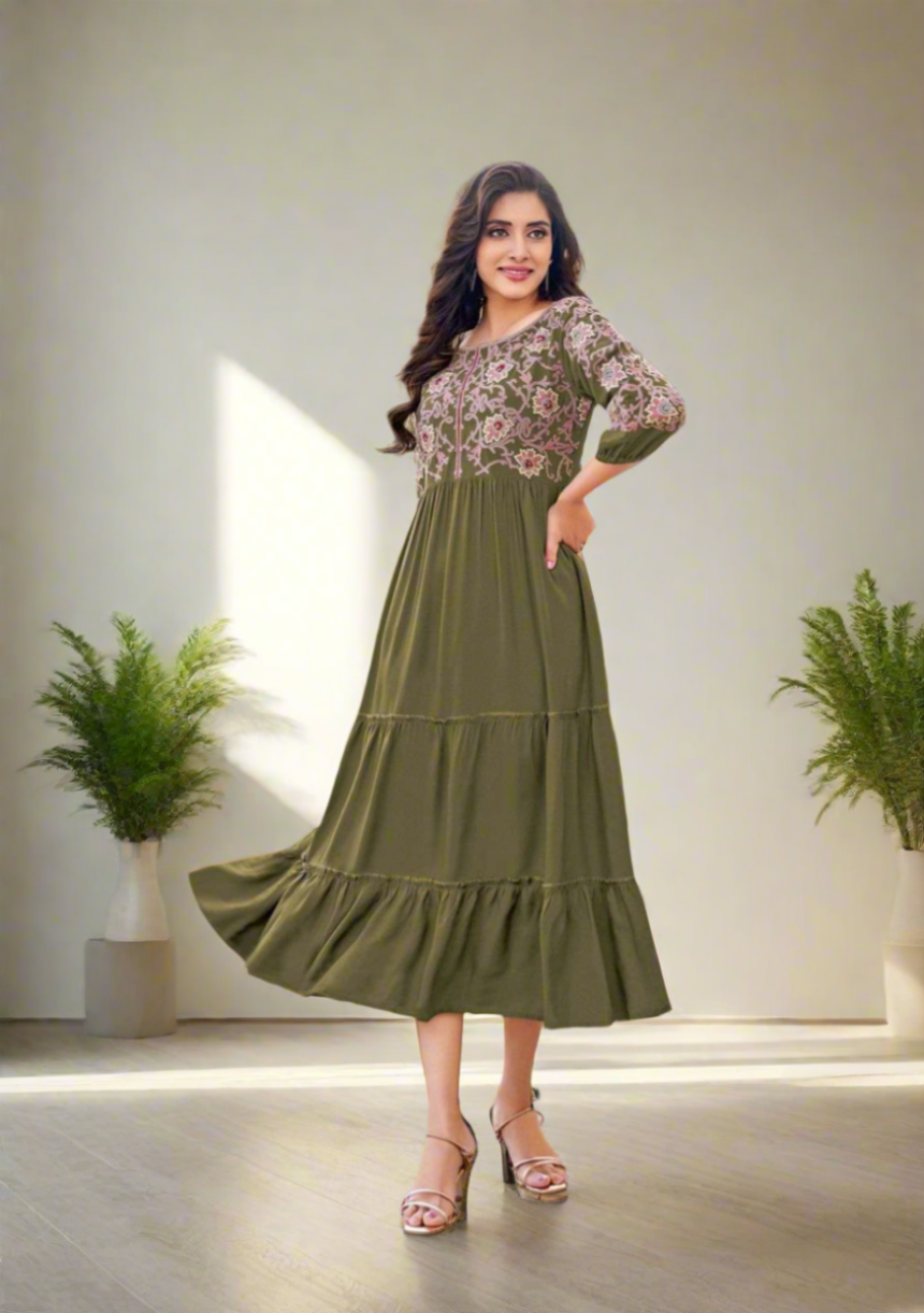 Aanchal Olive Tiered Dress