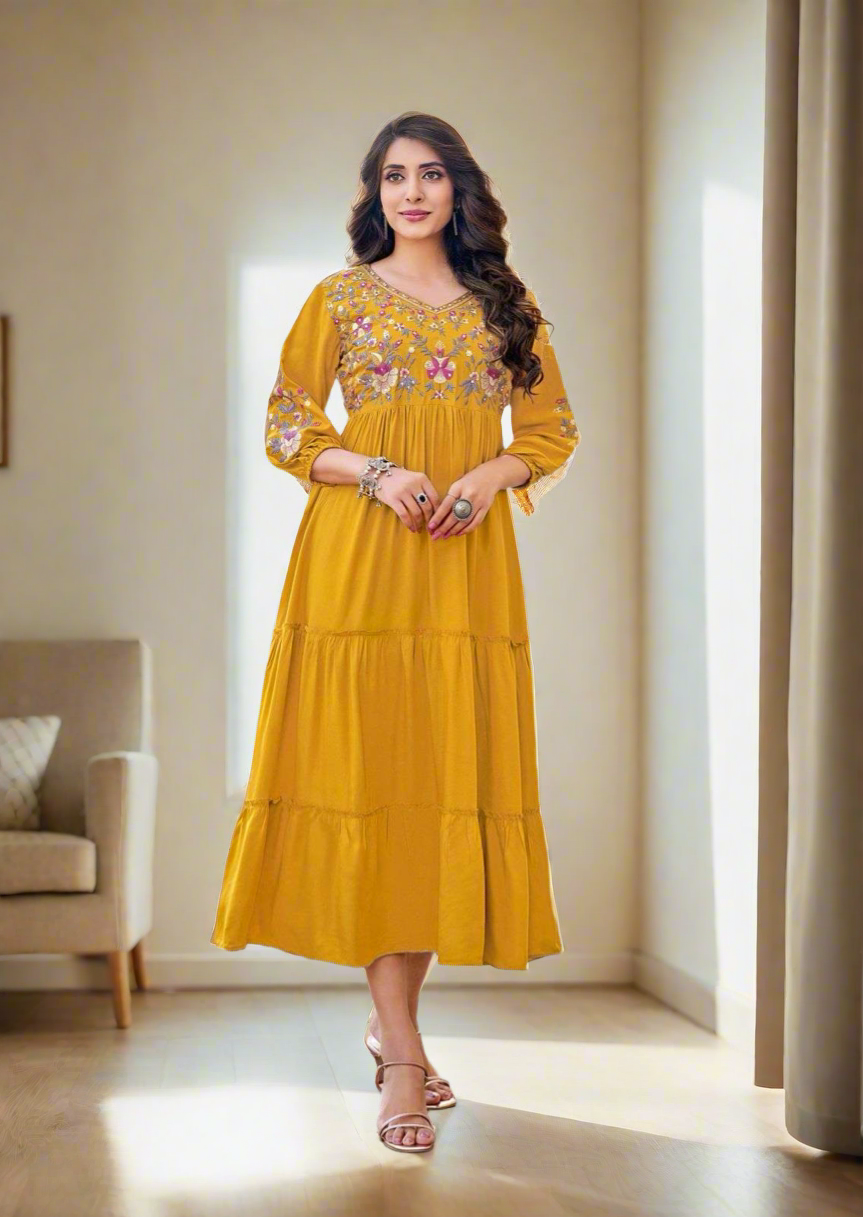 Aanchal Mustard Tiered Dress