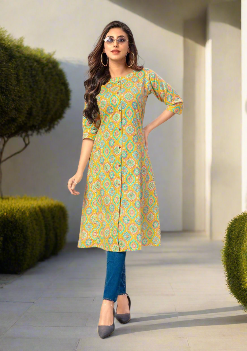 Deesha Yellow A-line Kurtis