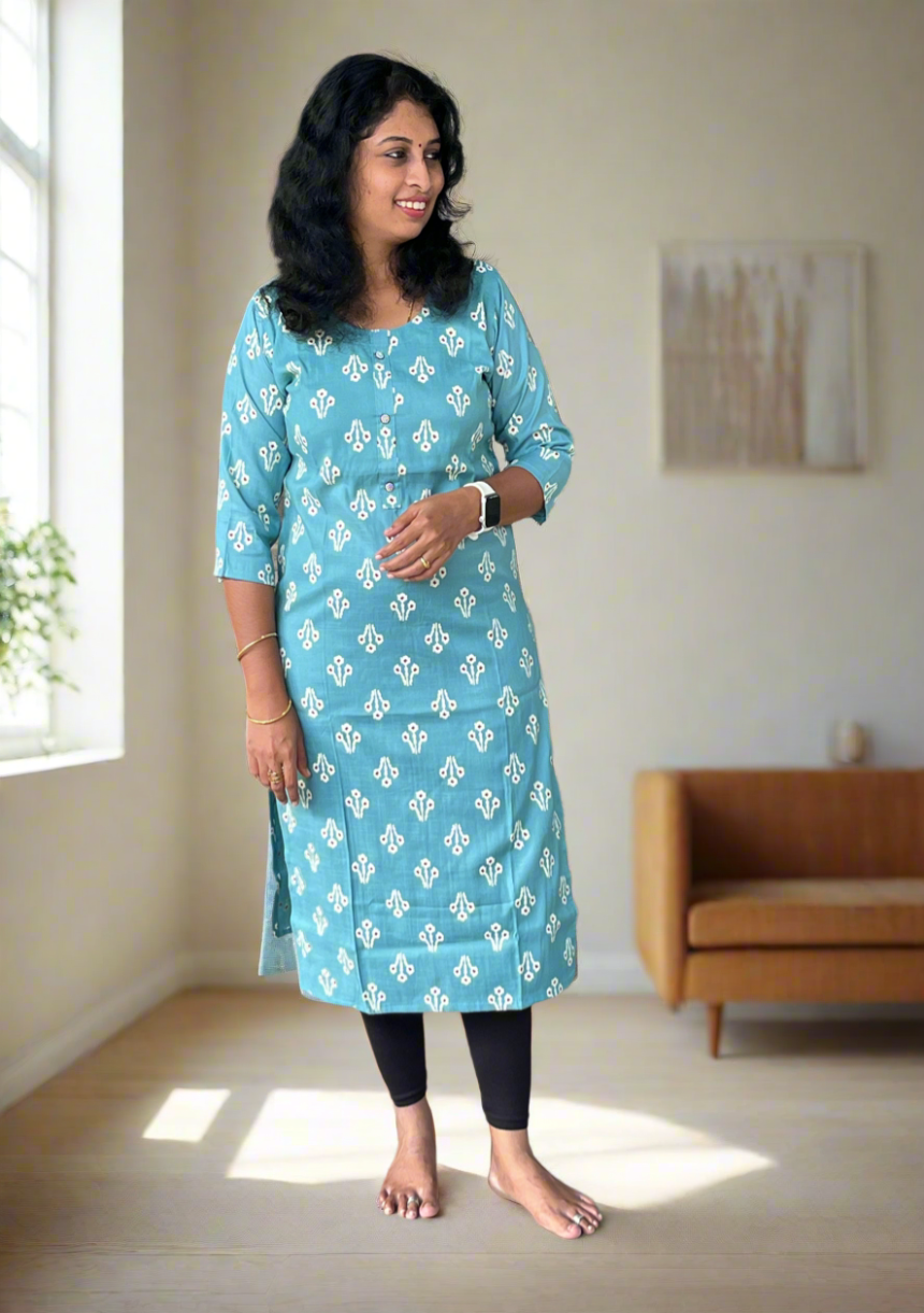 Mozhi Sky Blue Straight Cut Kurtis