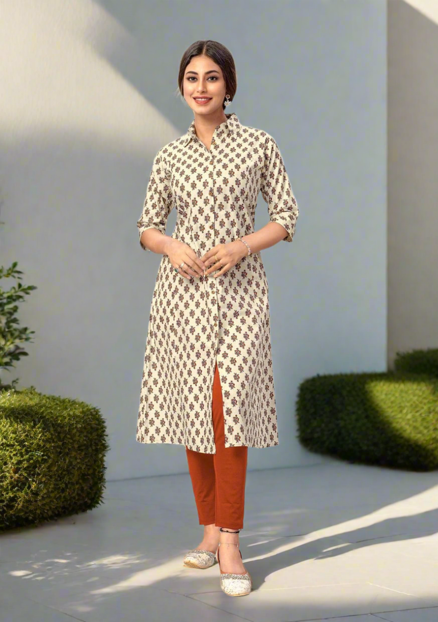 Deesha Cream A-line Kurtis