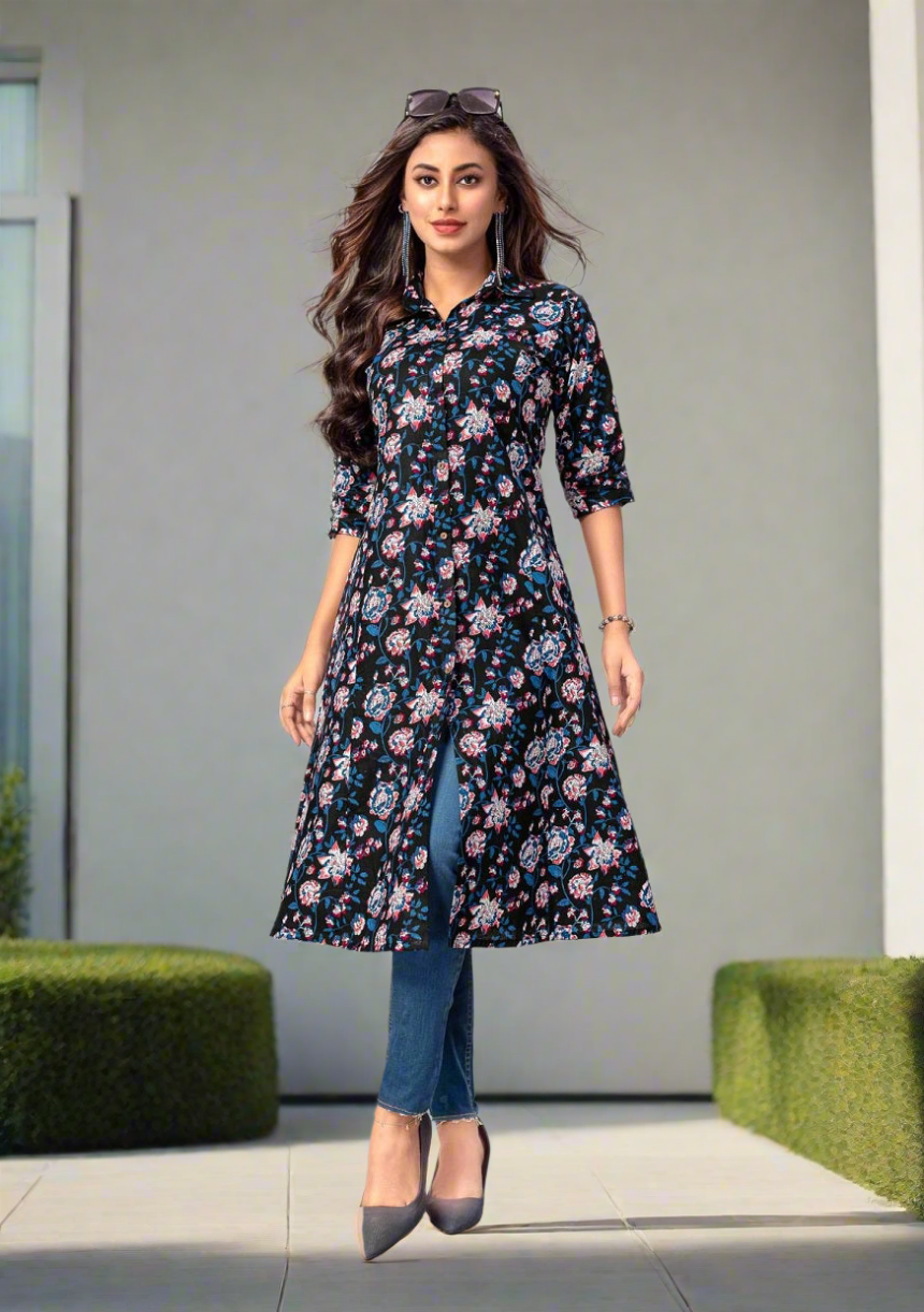 Deesha Navy Blue A-line Kurtis