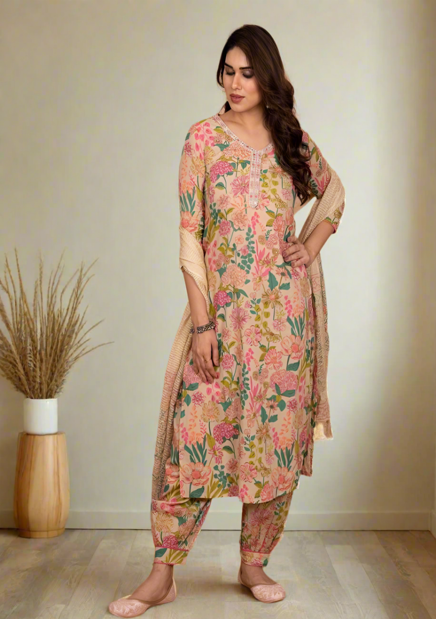 Selvi Cream Multicolor Straight-Cut Suit