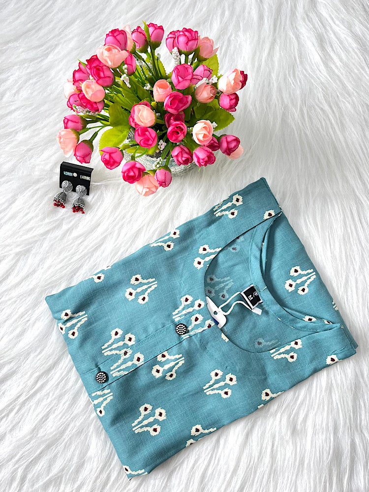 Mozhi Sky Blue Straight Cut Kurtis