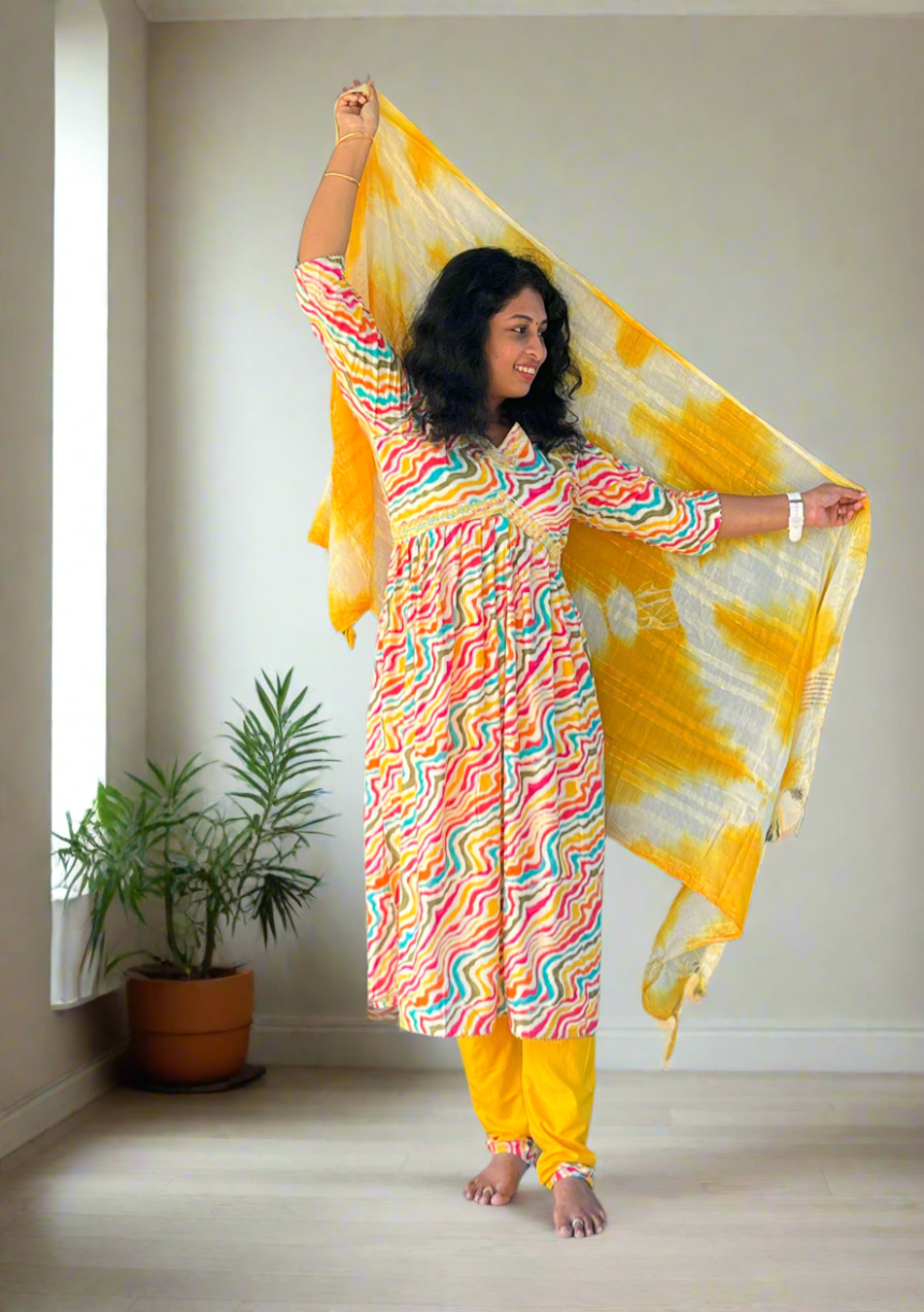 Paaru Yellow Multicolor Alia-Cut Suit