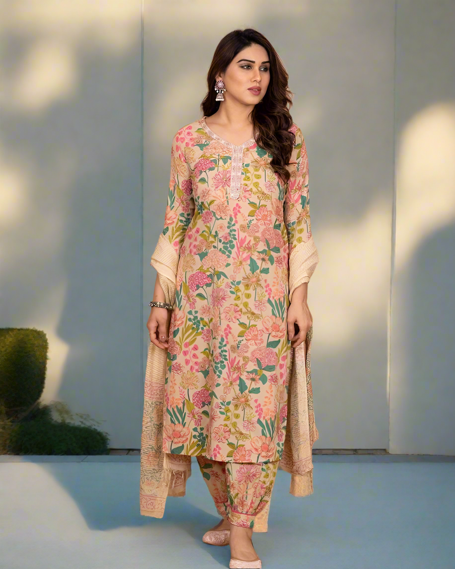 Selvi Cream Multicolor Straight-Cut Suit